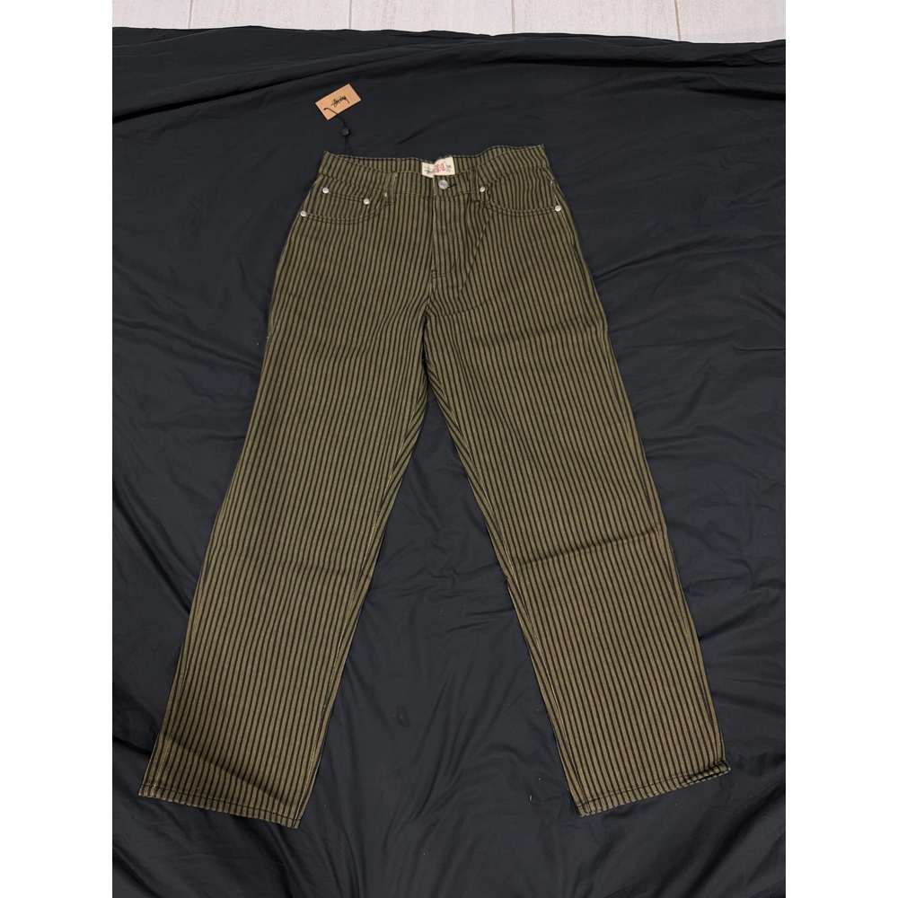 Stussy Big Ol Jeans Olive Black Striped Denim Straight Leg Pants Mens 30x30 NWT - Picture 3 of 7